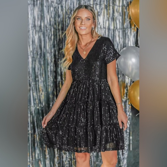 Sequin V-neck Mini Dress - Picture 1 of 2